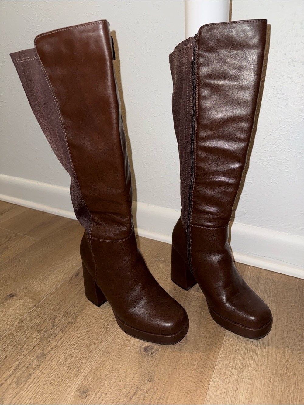 Women's Knee High Brown Platform Block Heel Boots- WIDE CALVES APPROVED